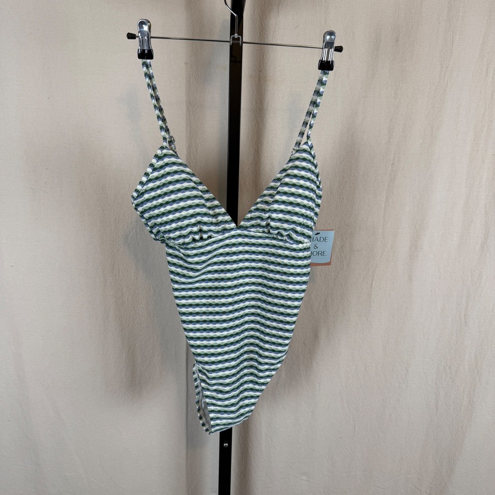 Shade & Shore Womens Green Blue Striped High Leg Cheeky One Piece Swimsuit S 4-6